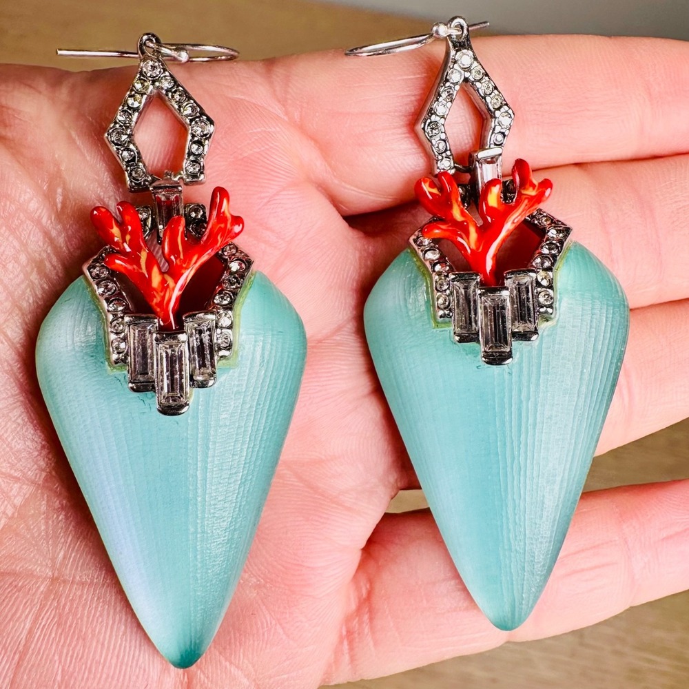 Alexis Bittar Turquoise Red Lucite Coral Motif Crystal Chevron Drop Earrings